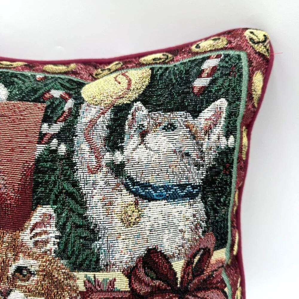 Vtg Christmas Curiosity CATS THROW Pillow WHIMSICAL KITTY WOVEN TAPESTRY Granny